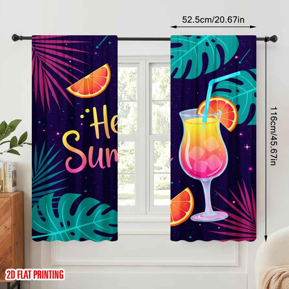 2pcs 2D Flat Printing Curtain Hello Summer Tropical Drink Polyester Without Electricity Festive Wall Decor Use for Classroom