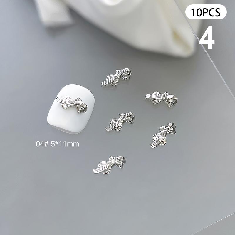 10 Pcs Glossy Silver Ribbon Nail Art Charm 3D Metal Alloy Bows Silk Ribbon Nail Decoration Diy Retro Metallic Nail Accessories