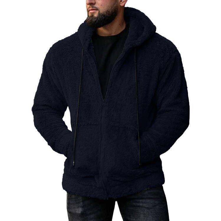 Fall Winter Men'S Hoody Coat Double Sided Plush Casual Loose Thermal Hooded Jackets Solid Color Zipper Pocket Jackets