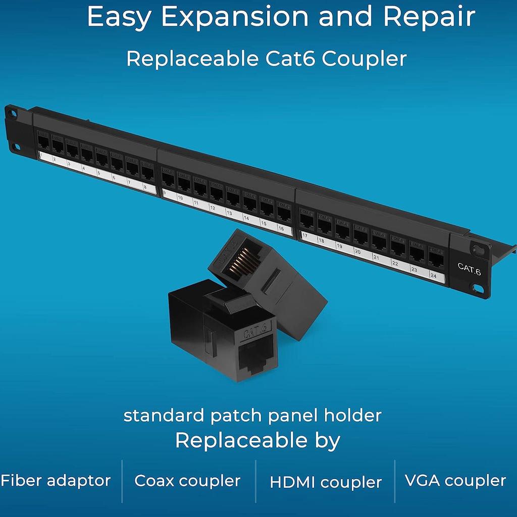 1PC Wiring Board 24 Ports Cat6 with RJ45 Coupler Wiring Board 19 Inches with Detachable Back Pole