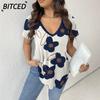 Women's Fashion Casual Solid Color Print V-Neck Short Sleeve Blouses & Shirts