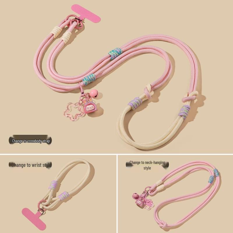 Adjustable Phone Lanyard with Cartoon Pendant, Patchwork Crossbody Strap, Anti-Lost Rope, and Clip
