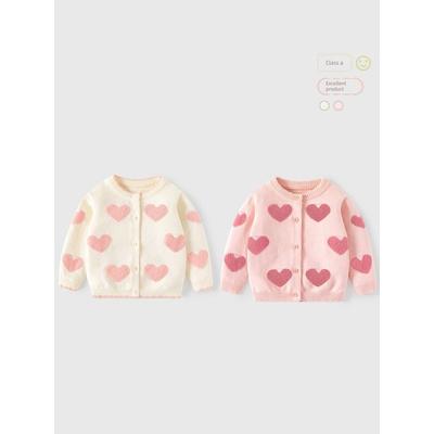 Spring and Autumn Kids Heart Combed Cotton Long Sleeves Sweater Girl Fleece-lined Cardigan Top Baby Girl Knitwear Outwear