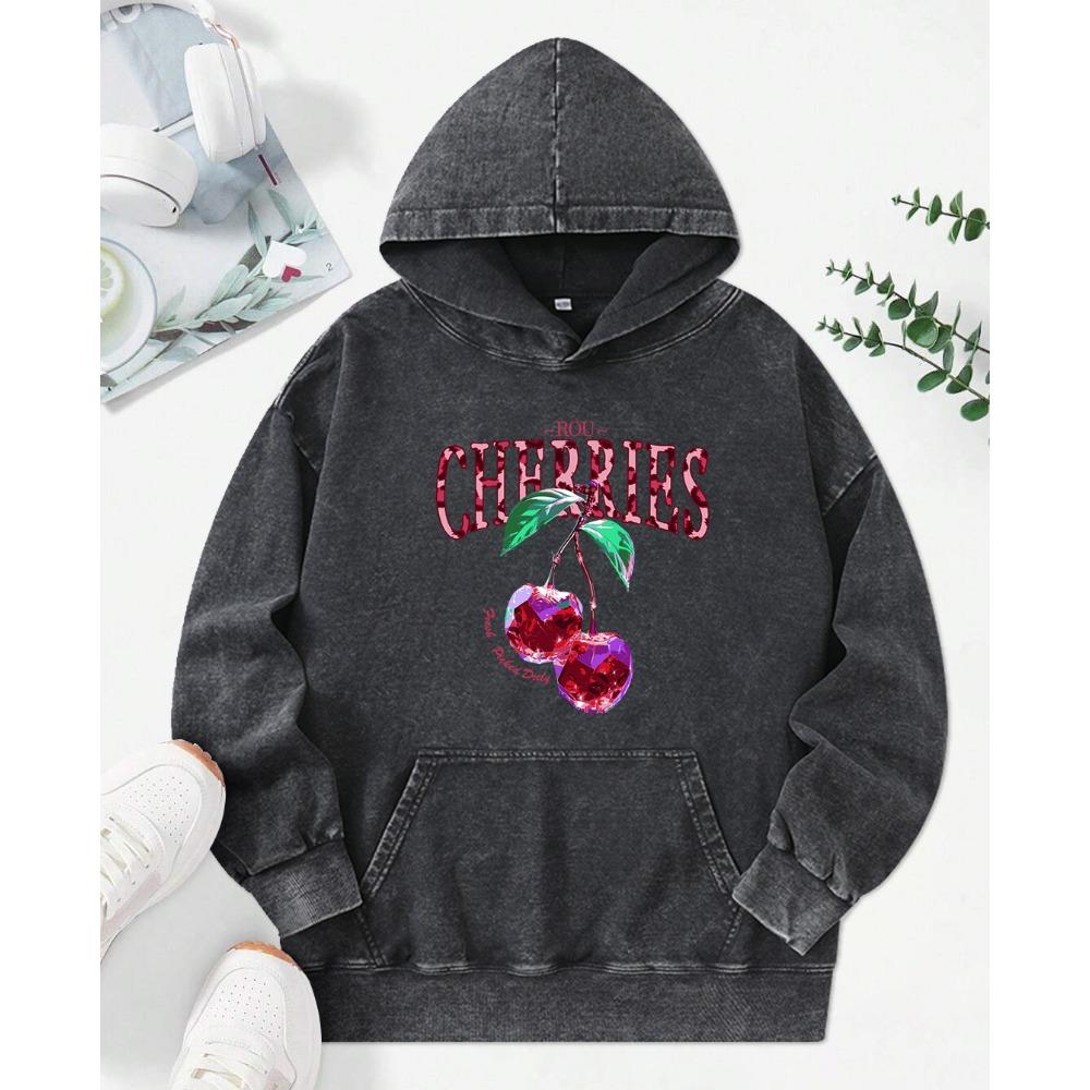 Crystal Cherries  Print Women Washed Hoodie Pocket Fashion Pullovers Multicolor Female Hoody Autumn Cotton Hoodies