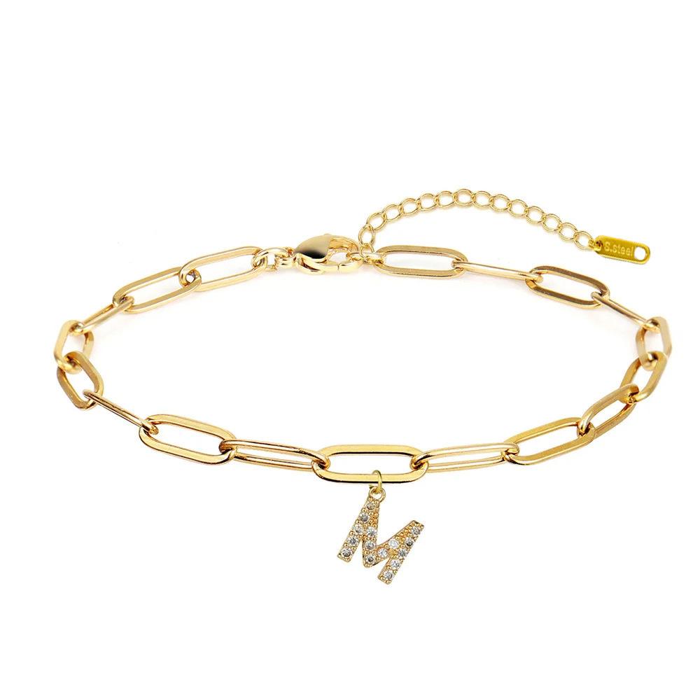 European & American English 26-Letter Paperclip Chain Bracelet, Stainless Steel, French Retro Court Style with Layered Wear & Inlaid Zircon
