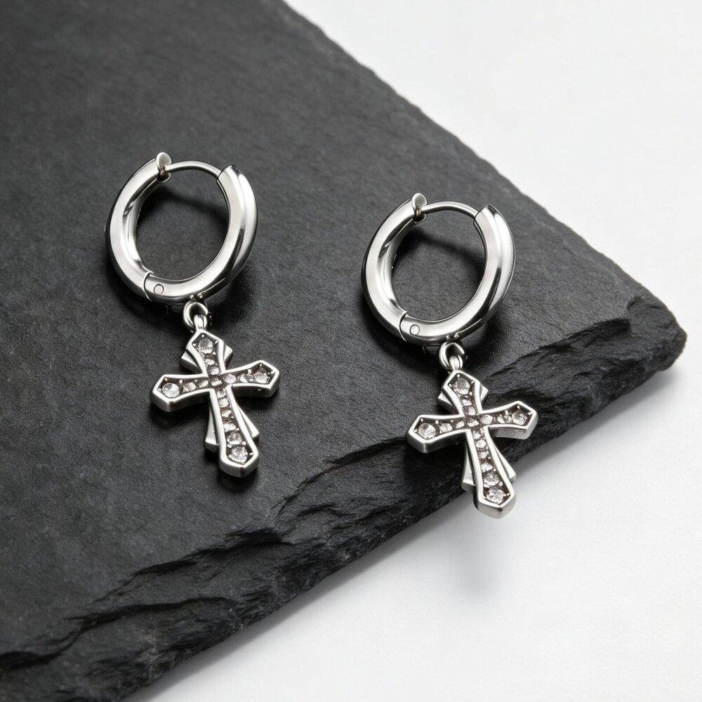 High Quality Cross Hoop Earring for Men,Hypoallergenic Stainless Steel Cross Charms Pierced Earring,Hip Hop Trendy Jewelry