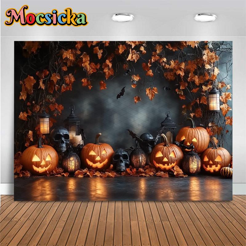 Mocsicka Halloween Background Photography Skull Pumpkin Party Baby Children Photo Backdrop Leaf Bat Black Wall Decoration Banner