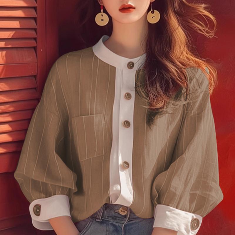 

ZANZEA Женская повседневная блузка в полоску с круглым вырезом и рукавом 3/4 M коричневый