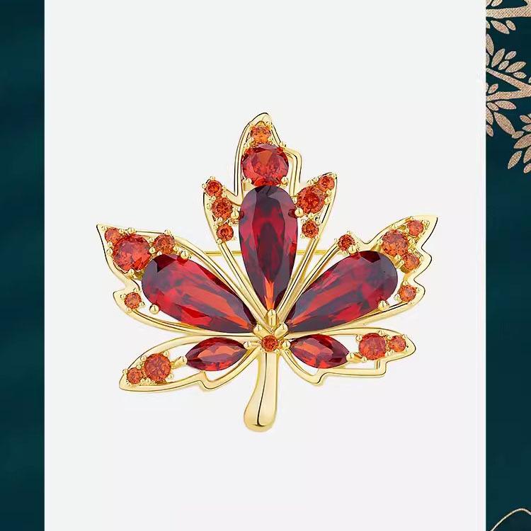 

Брошь «Красный клен», Изысканная женская брошь с кристаллами в виде кленового листа, Брошь с нишевым дизайном