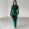 Women's Autumn and Winter Fashion Solid Color Slim Pleated Round Neck Long Sleeve Dress