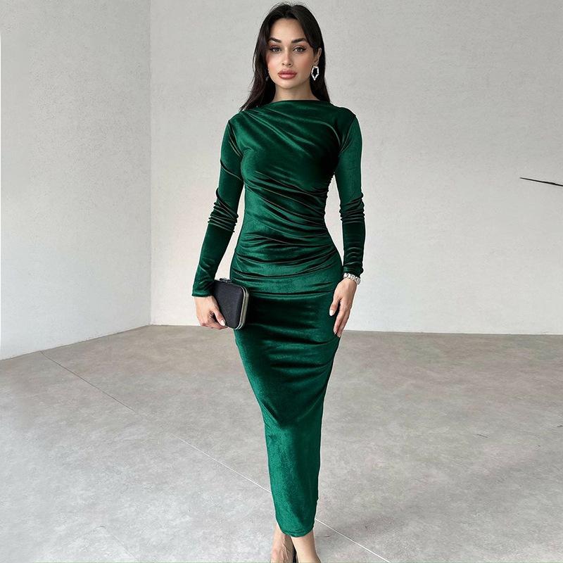 Women's Autumn and Winter Fashion Solid Color Slim Pleated Round Neck Long Sleeve Dress