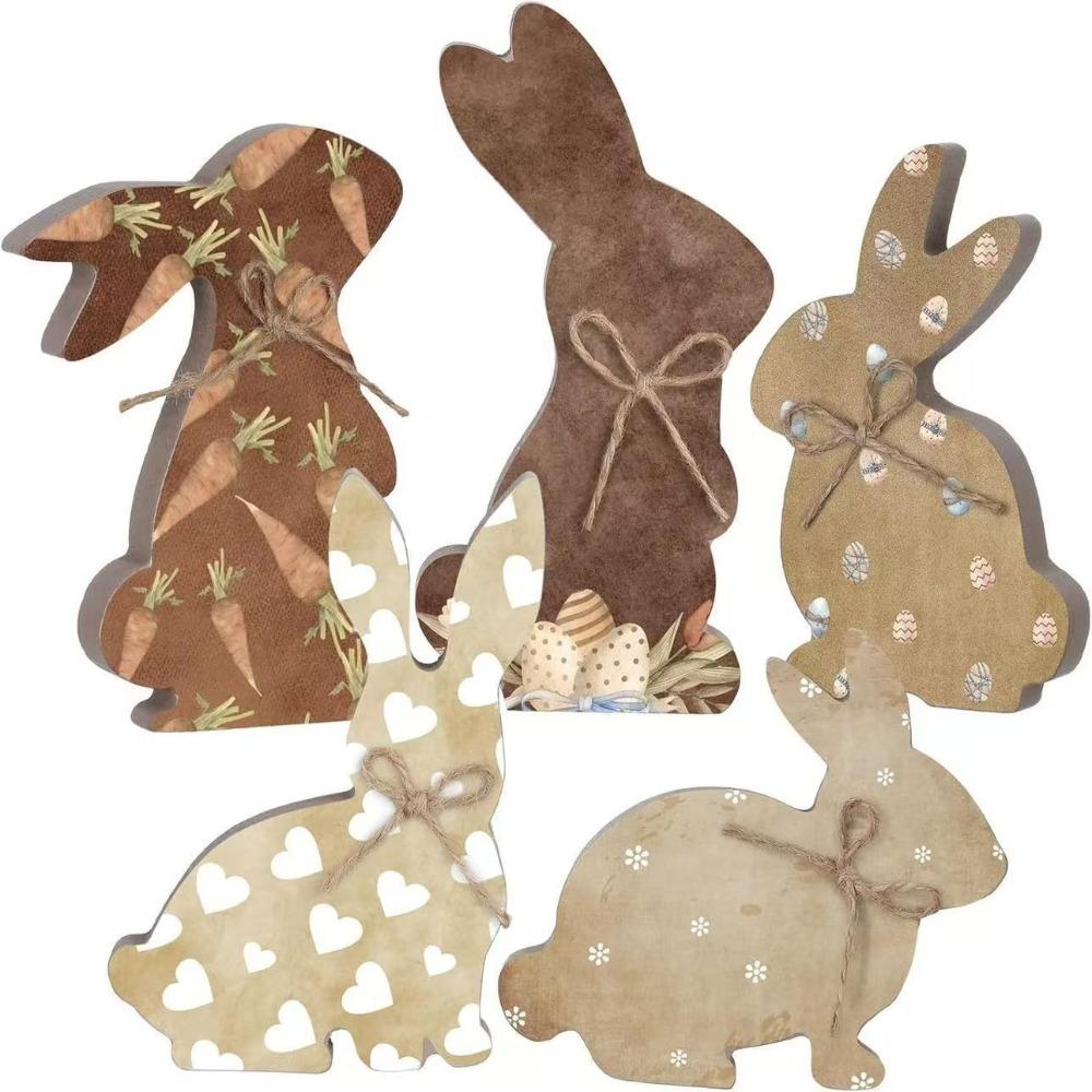 4/5 Piece With Bowknot Easter Wooden Rabbit Ornament DIY Thickened Easter Tray Rabbit Ornament Cute Printed