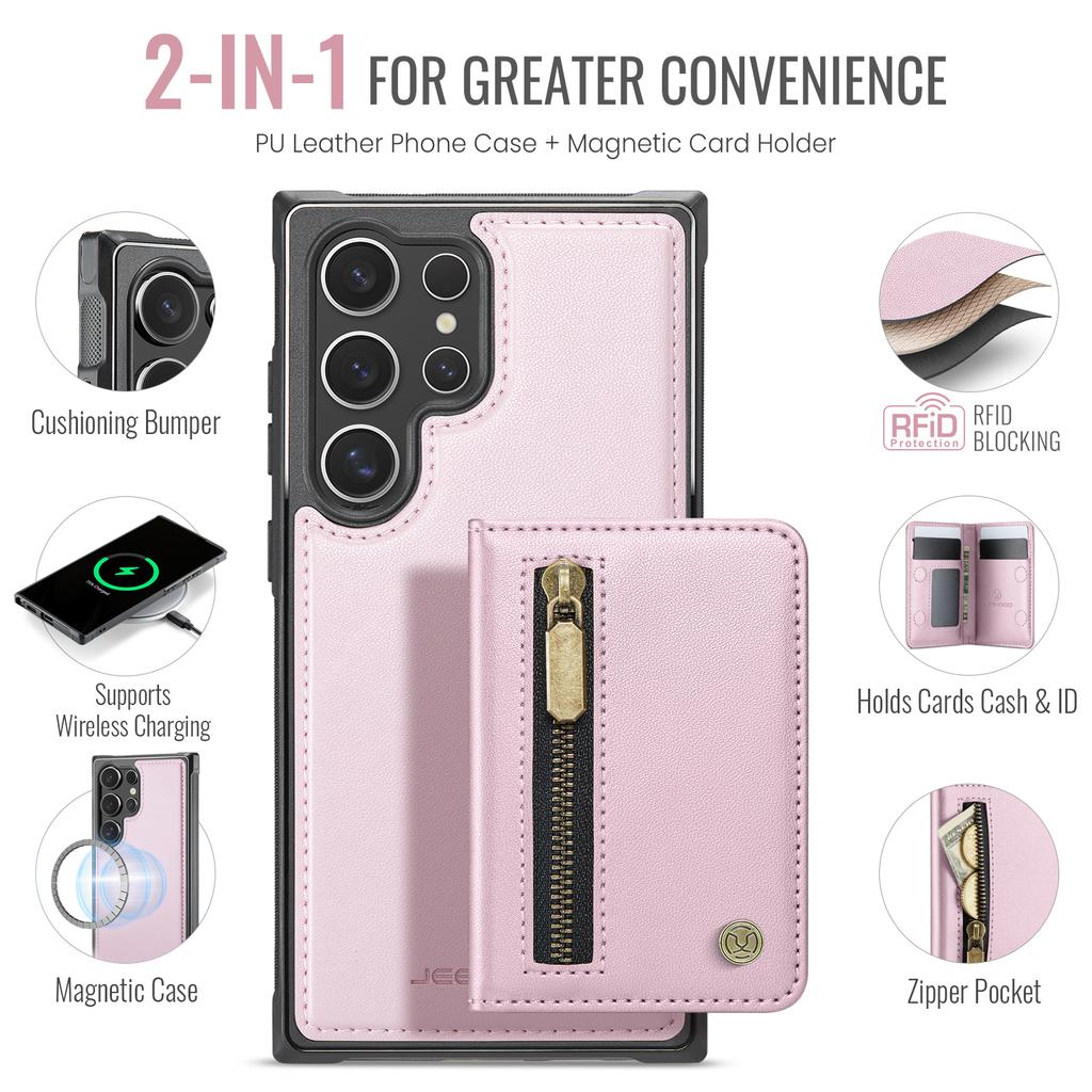 For Samsung Galaxy S26 Ultra Case JEEHOOD J12 Magnetic Detachable Zipper Wallet Kickstand Leather Back Cover Compatible with MagSafe