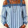 1116 New denim spliced off-shoulder top, adjustable suspender striped long-sleeved loose casual shirt