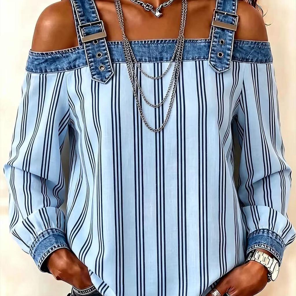 1116 New denim spliced off-shoulder top, adjustable suspender striped long-sleeved loose casual shirt