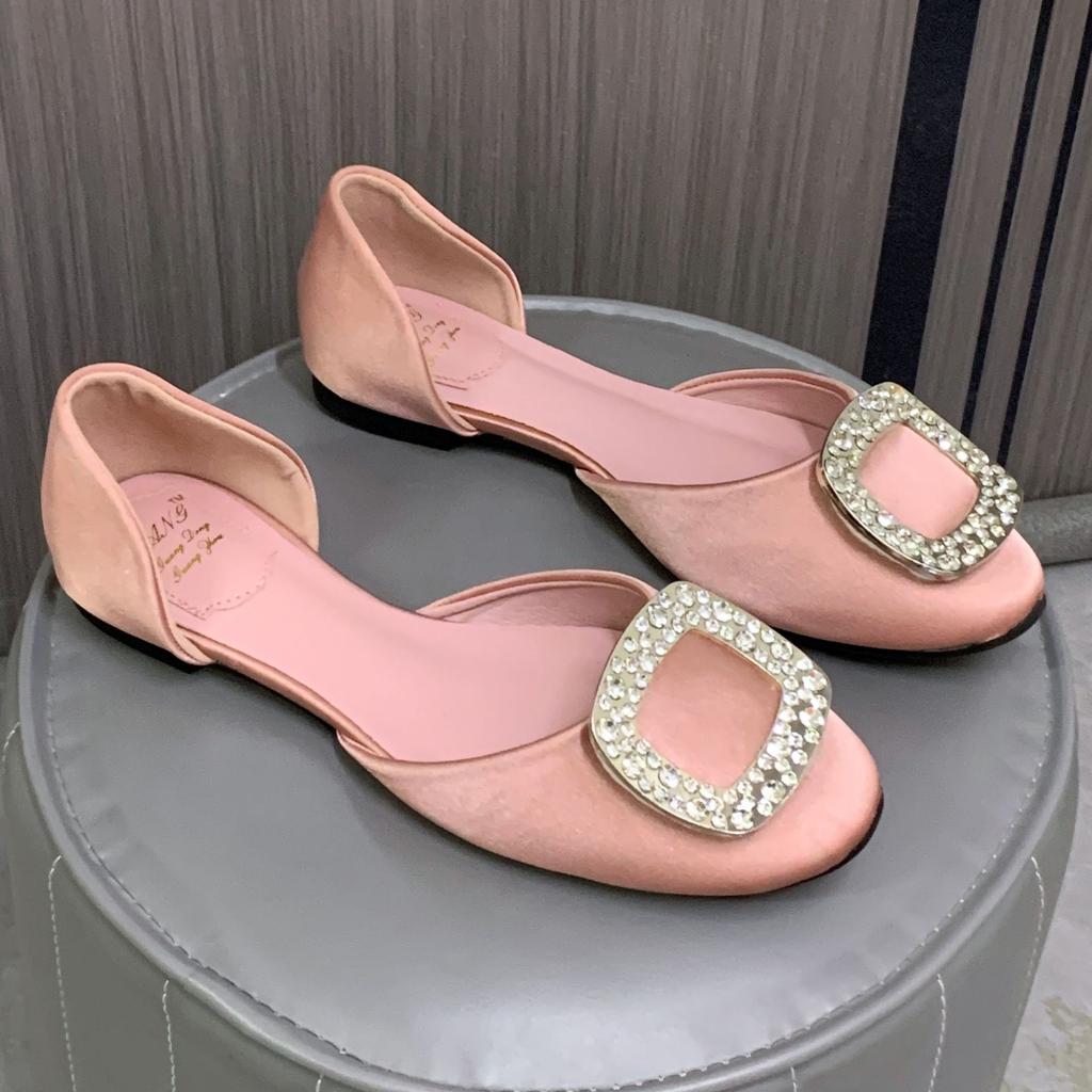 Spot Second Hair! Grape Mother Same Shoe Temperament Rhinestone Square Buckle Silk Hollow Round Head Commuting Flat Sole Shoes Women