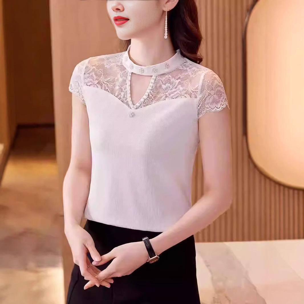

Lace splicing summer design nail bead dew collarbone short-sleeved T-shirt women s slim and thin knitted hollow top tide 4XL (130-70 kg) білий