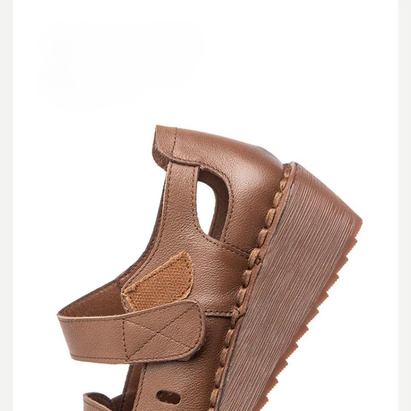 Johnature Retro Wedges Sandals Genuine Leather Breathable Shallow Soft Soled Women's Shoes