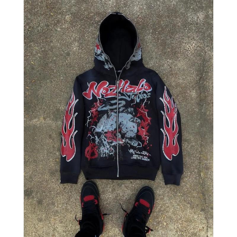 Sweat à capuche zippé surdimensionné pour homme avec imprimé graphique Streetwear Coupe ample Tenue décontractée