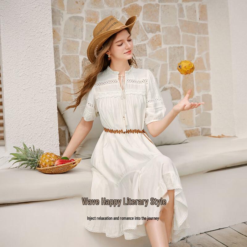 Xiangying French Lace Bohemian White Summer Midi Dress