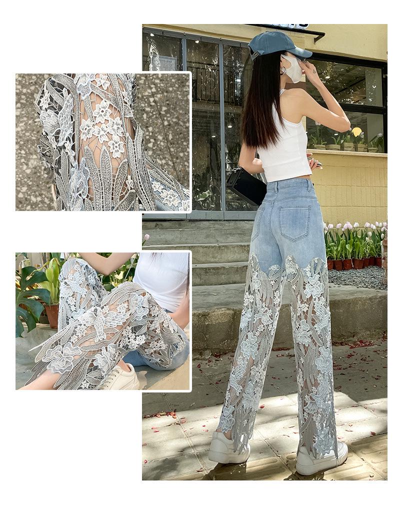 Women's Retro Lace Patchwork Straight-Leg Jeans - Slimming, Casual, Cross-Border Design Style.
