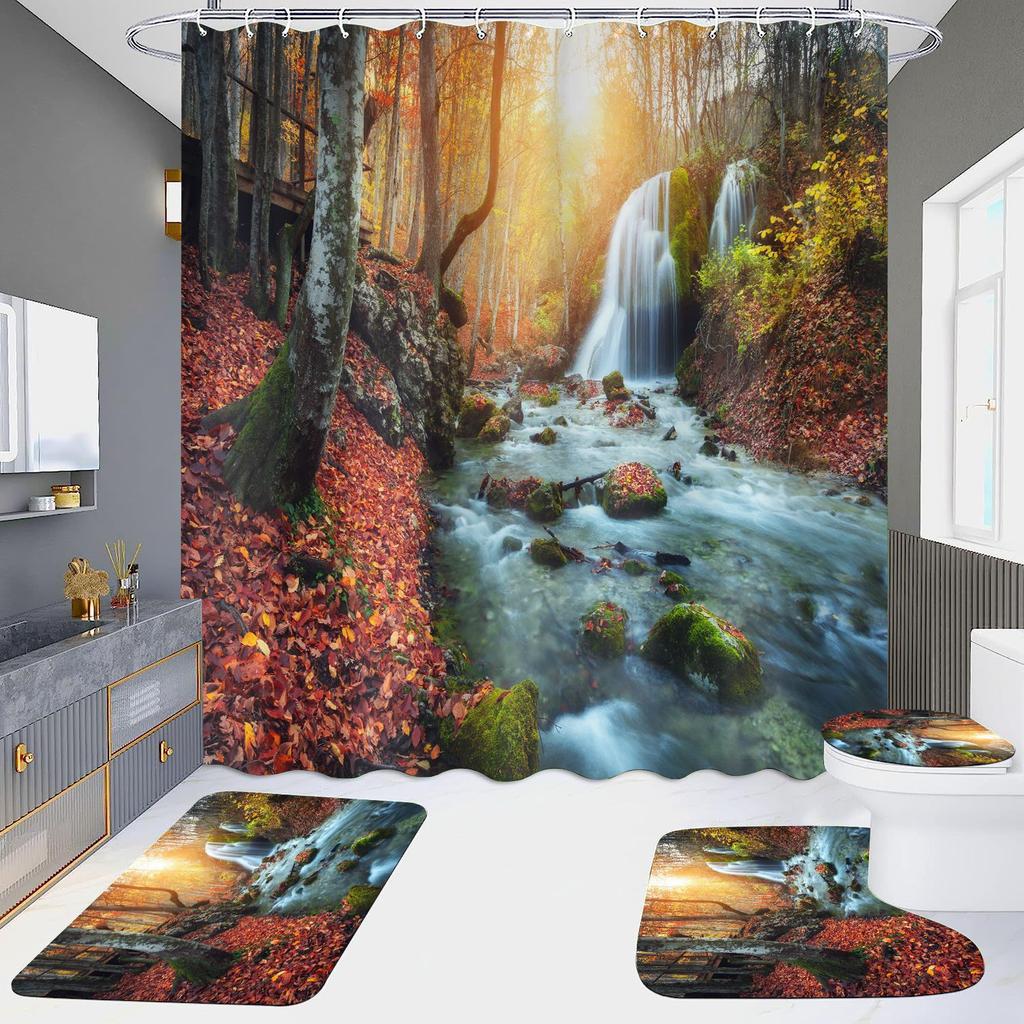 High Definition Digital Printing Shower Curtain Four-Piece Set Of Non-Punching Bathroom Bathroom Bathroom Partition Curtain Landscape