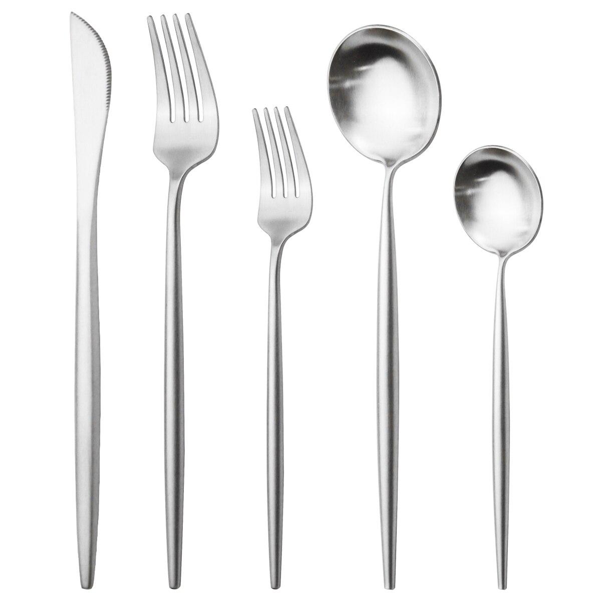 

5 шт./компл., золотой набор столовой посуды, матовый набор столовых приборов из нержавеющей стали 18/10, нож, вилка, ложка, набор посуды, вечерние, кухонный набор столового серебра серебряный