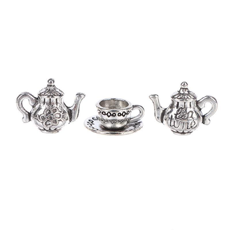3Pcs 1:12 Dollhouse Miniture Teapot Cup Plate Toy Metal Tea Set Accessories