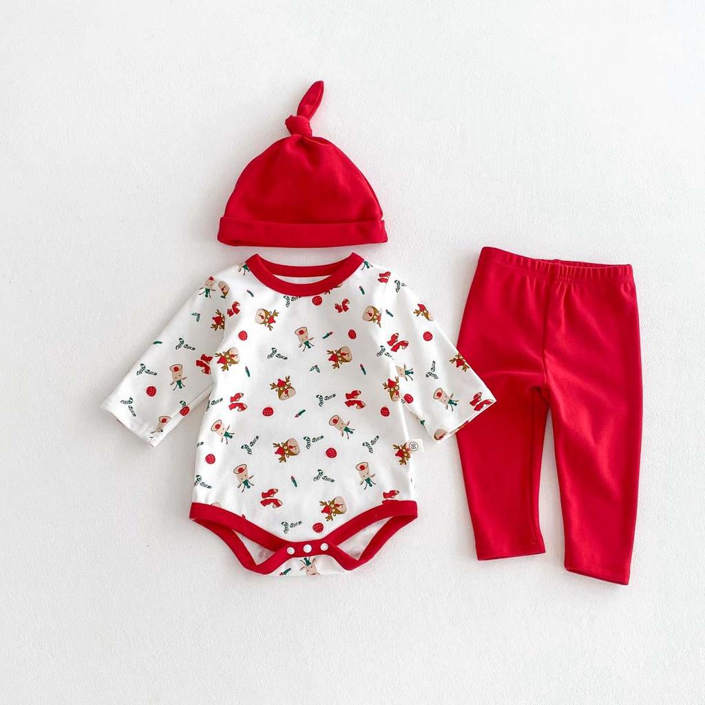 "Korean Baby Christmas Print Outfit: 3-Piece Set with Hat for Boys & Girls"