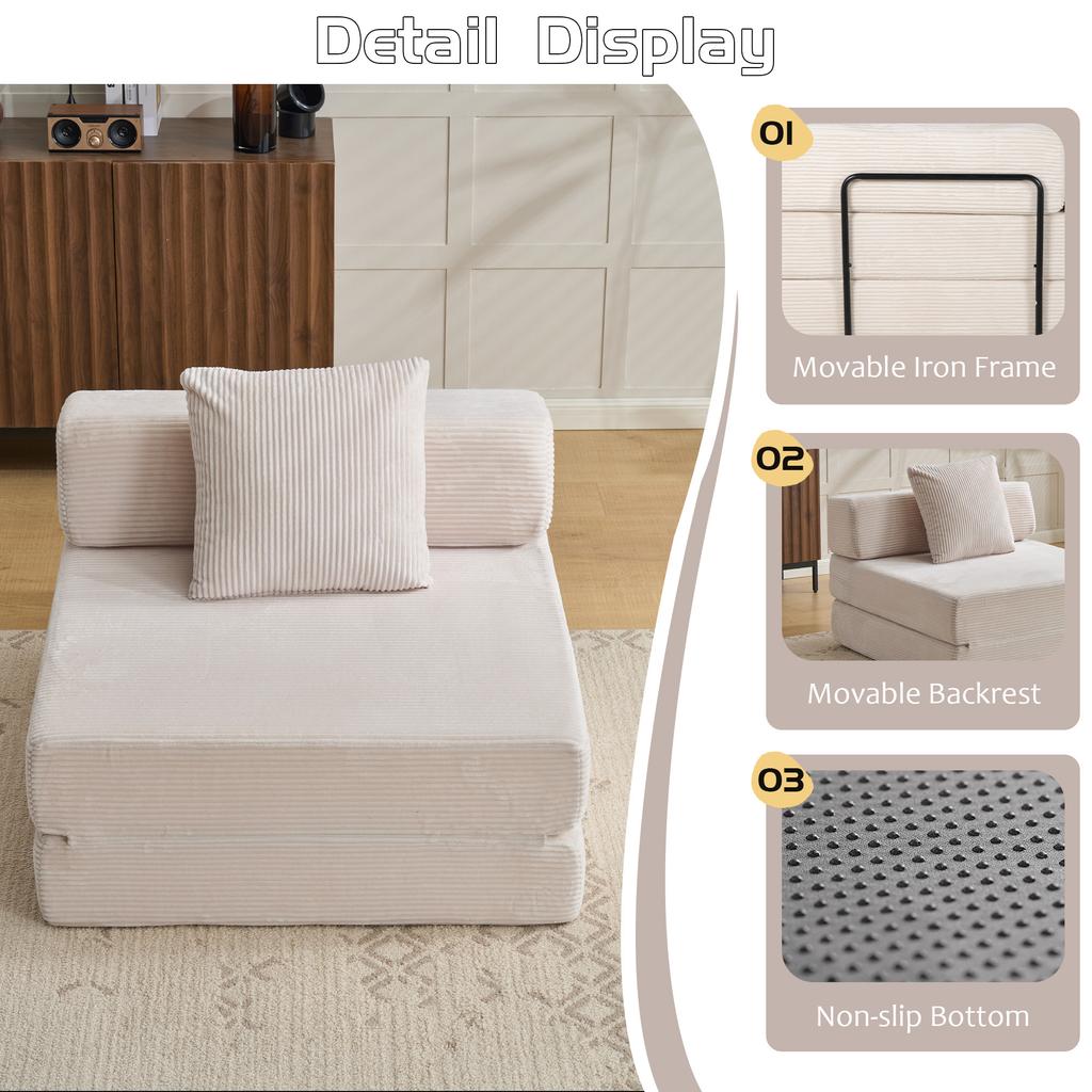 Floor Couch,Compression Sofa,Convertible Sofa Bed-with Pillow Back Support Armrest,Corduroy Fabric,for Living Room Bedroom,White