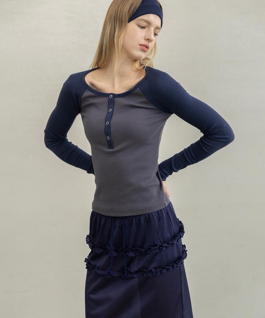 Forev Mesh Frill Midi Skirt - Navy