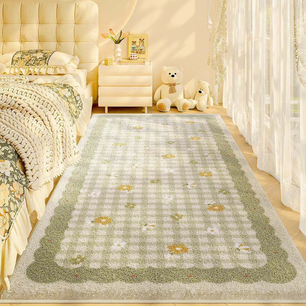 Plaid Cartoon Bedroom Bedside Carpet Light Luxury High End New Cute Carpets Girl Bedroom Children Room Thick Plush Soft Rug 