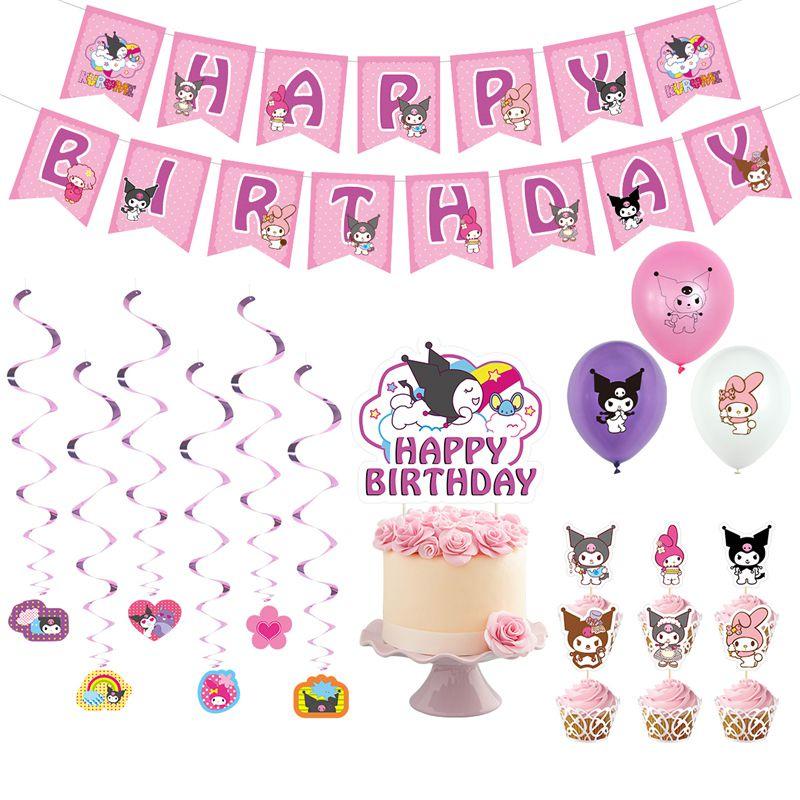Kuromi Themed Birthday Party Decor Supplies Set With Flag Cake Spiral Balloon And Bright Colorful Toppers