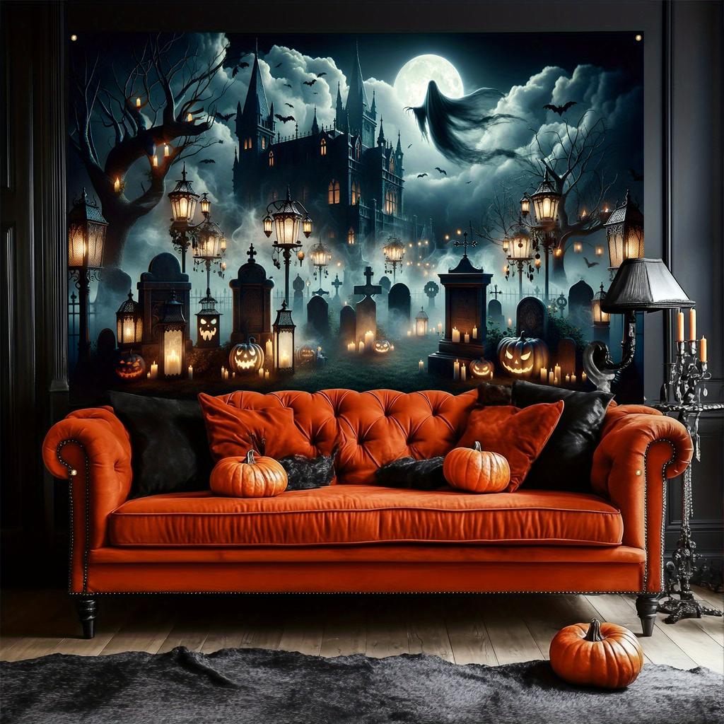 VIKAMA Arazzo Castello Infestato di Halloween Fantasma Zucca Cimitero Appeso a Parete Sfondo Notte Spettrale Decorazione Festa Camera da Letto