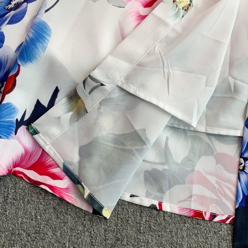 Summer Women Designer Print Runway Dress Elegant Turn-down Collar Office Work Midi Lace-up Shirt Dresses