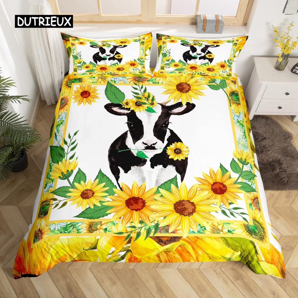 Cow Duvet Cover Set King Microfiber Milk Cow as well as Yellow Sunflower Print Comforter Cover Cute Animal as well as Floral Theme Bedding Set