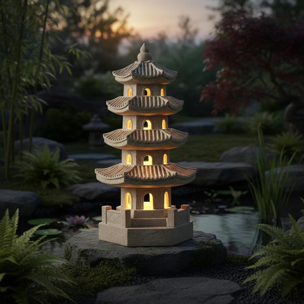 Pagoden Gartenstatue Solarbetriebene Pagodenlaterne Harz Außen Zen Japanische Gartendekoration für Balkon, Terrasse, Veranda, Hof 11,4x4,7x4,7 Zoll Khaki