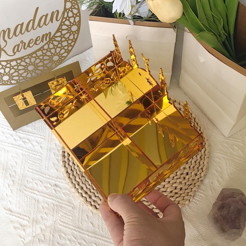 Ramadan Tray Eid Mubarak Serving Tray Hollow Palace Acrylic Mirror Tray Fruit Plate Tableware Dessert Platters DIY Display Holder Ramadan Decor