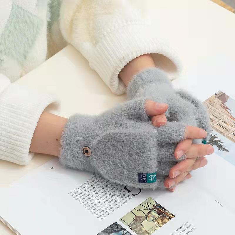 New Half-finger Covered Plush Gloves, Autumn and Winter Flip Knitted Warm Thickened Bag Cover, Leaking Finger Imitation Mink