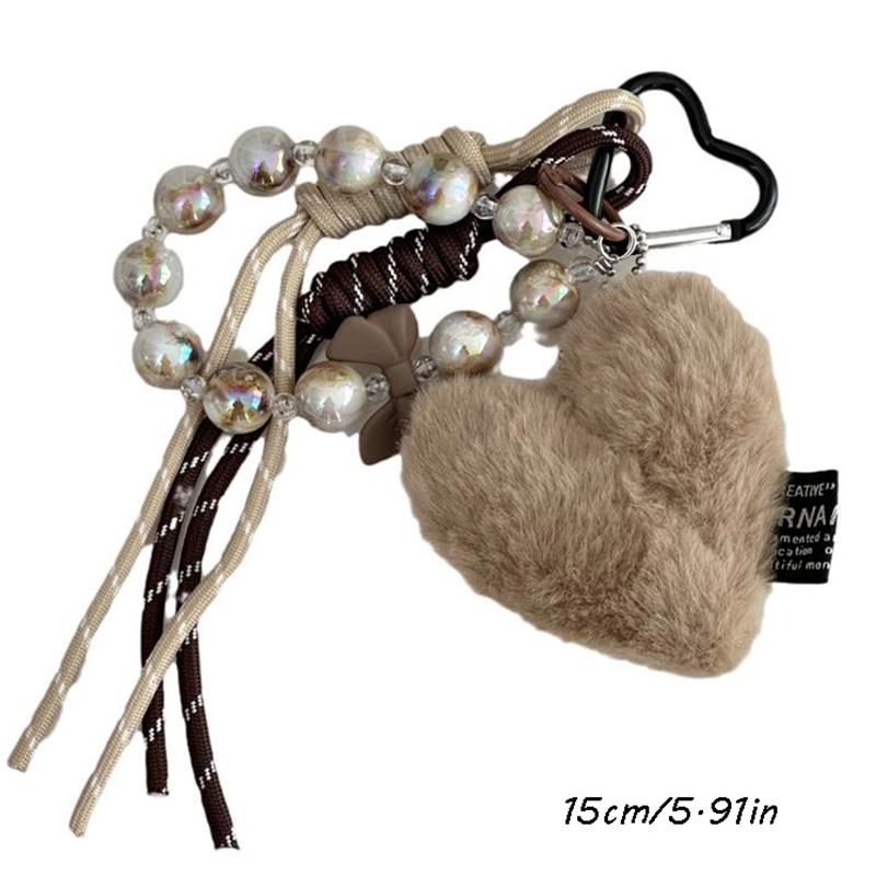 Maillard Style Y2K Cute Leather Heart Charm Braided Rope Bow Beaded Phone Chain Keychain Pendant Girly Bag Hanging Ornament Gift