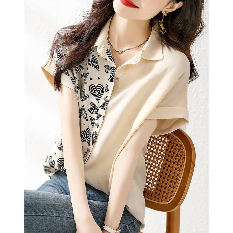 La Chapelle Asymmetrical Print Patchwork Short Sleeve Shirt M
