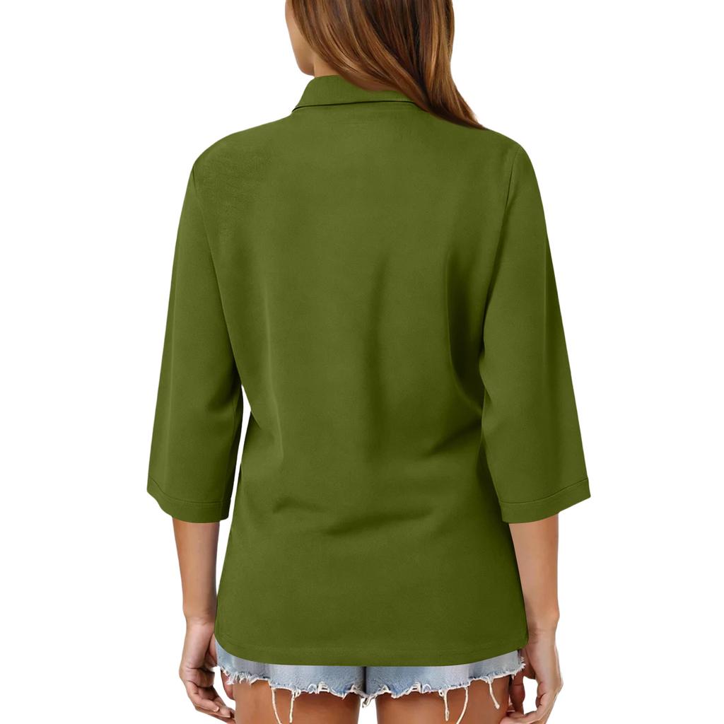 Damen Mode Lässig Revers Kurz 3/4 Ärmel Farbe Hemd Damen Knopfleiste Oberteile