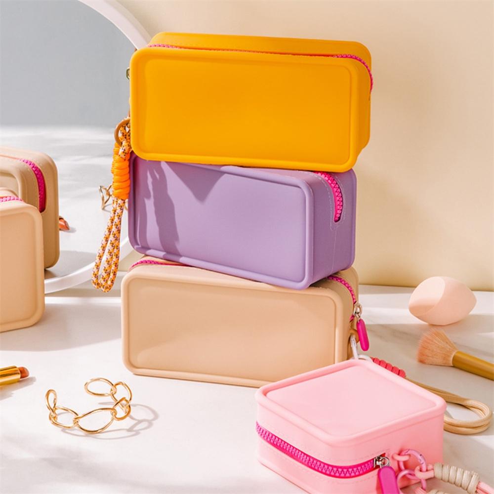Candy Silicone Makeup Bag With Braided Wrist Rope Portable Lanyard Cosmetic Bags Waterproof Zipper Toiletries Lipstick Bag
