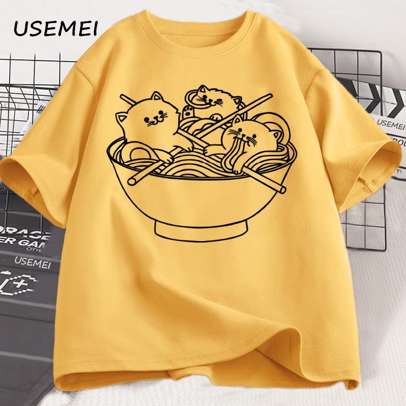 Japanese Style Cat Ramen T-Shirt Cotton Short Sleeve Kawaii Anime Tshirt Ramen Kitten Graphic Tees Cute Food Tee Shirt Clothes