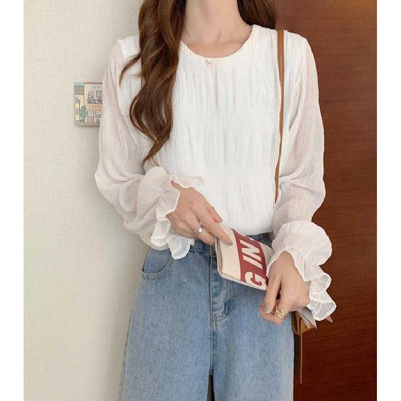 2026 Spring and Autumn New Pleated Chiffon Blouse, Loose and Versatile, Long Sleeve Women's Casual Round Neck Top