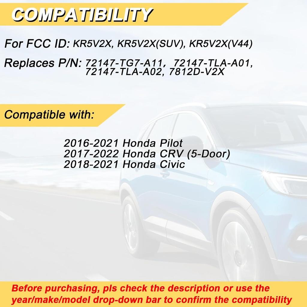 Key Fob Replacement for 2016-2021 Honda Pilot/ 2017-2022 Honda CRV 5-Door/ 18-21 Civic Car Keyless Entry Remote Control, KR5V2X, 5 Buttons