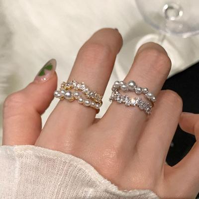 Zircon Pearl Double Metal Open Ring Women'S Light Luxury Retro Exquisite Fashion Versatile Ring Ring
