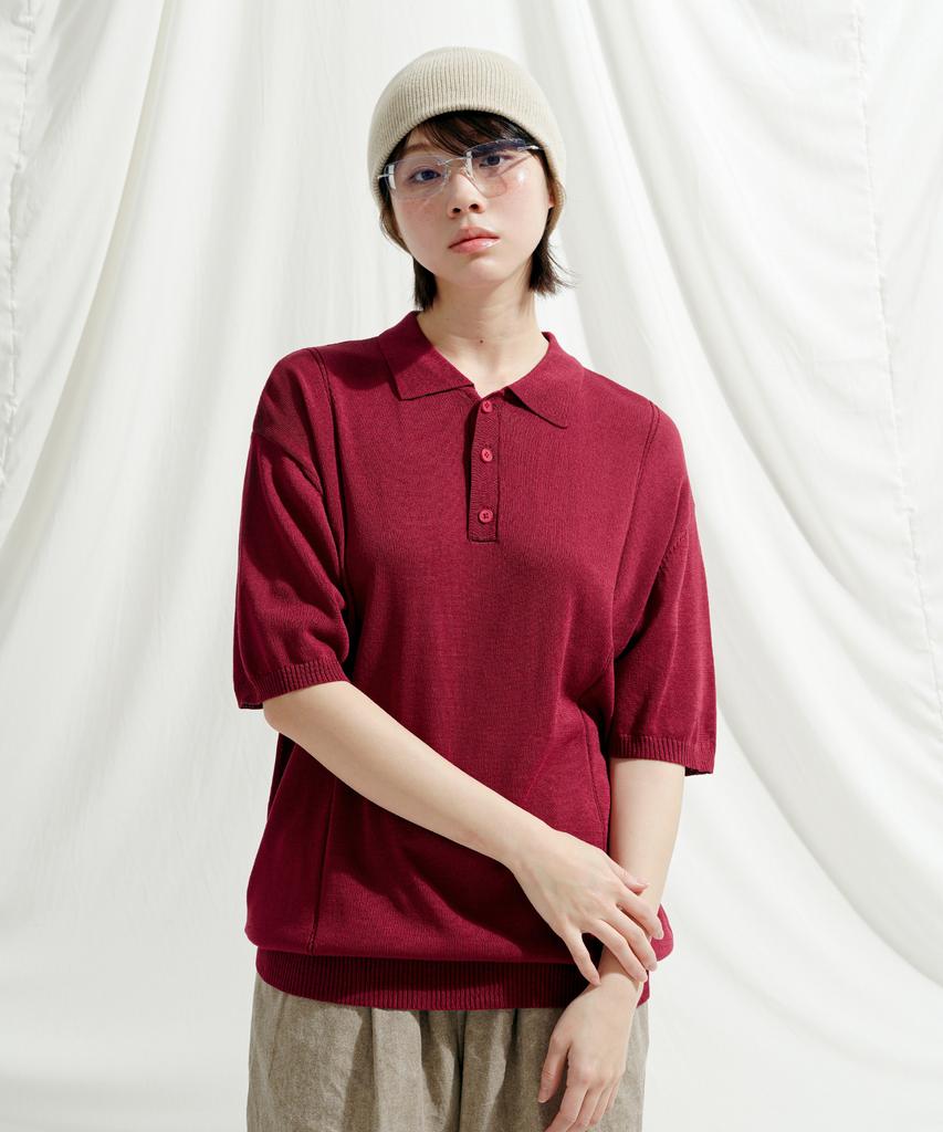 JEMUT Epic Like Linen Short Sleeve Collared Knit Deep Red Sokn2562