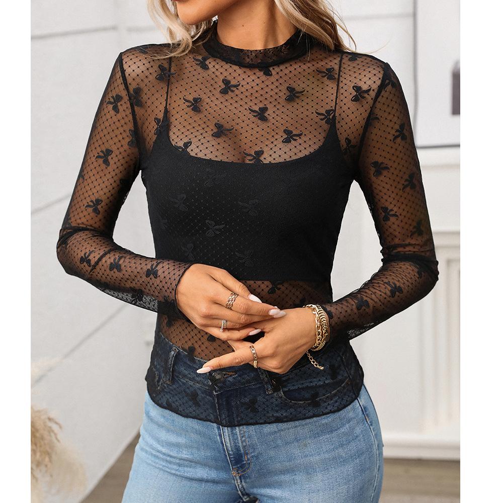 Neues Damen Halbhoher Kragen Durchsichtig Langarm T-Shirt und Sexy Tüll Top