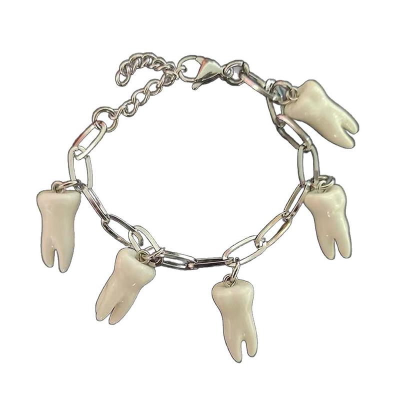 

Gothic Tooth Pendant Bracelet - Unique Silver Link Chain with Resin Tooth Charms